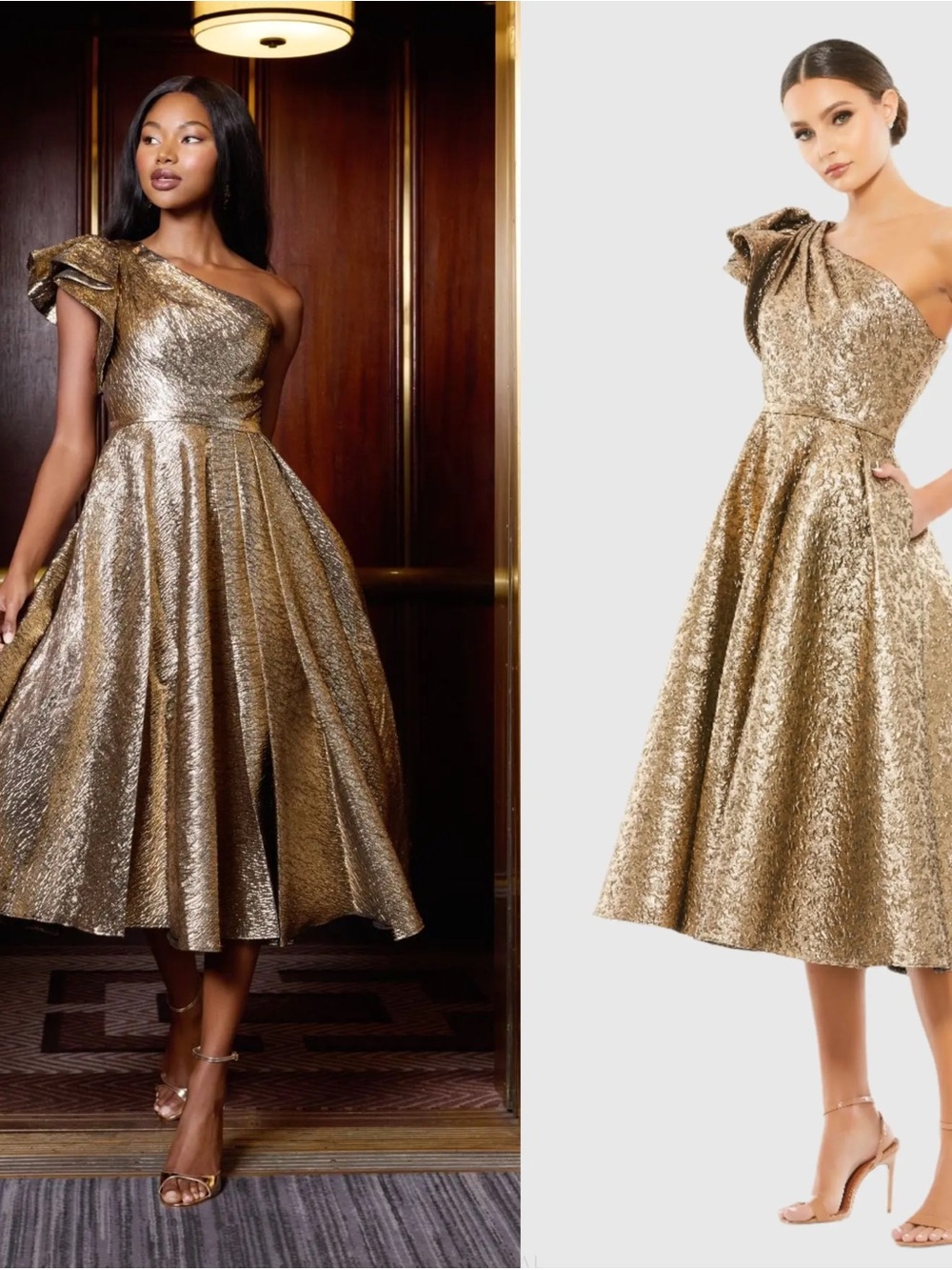 Mac Duggal 67906 Antique Bronze Jacquard Midi Dress US 4 with Flaw